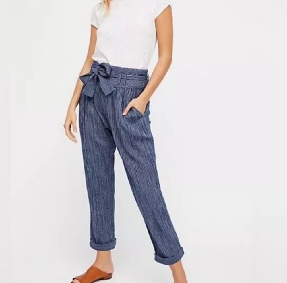 Free People Rumors Harem Blue Striped Paperbag High Waist Pant Women's 8